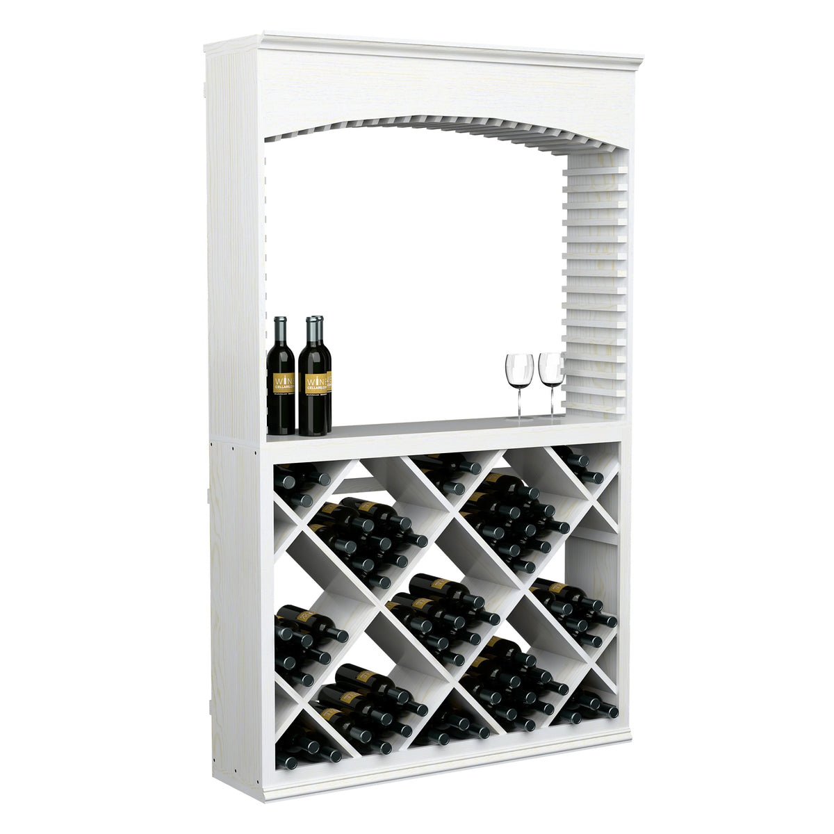 White archway wine tasting station with diamond lattice bottle storage and serving glass holder