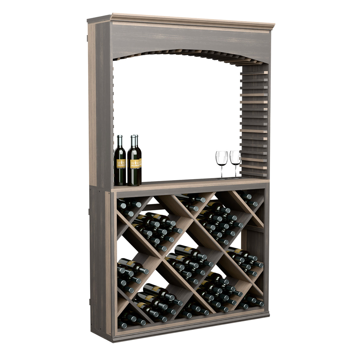 Wine storage bar cabinet with arched top, dark wood, stem glasses, and bottle racks