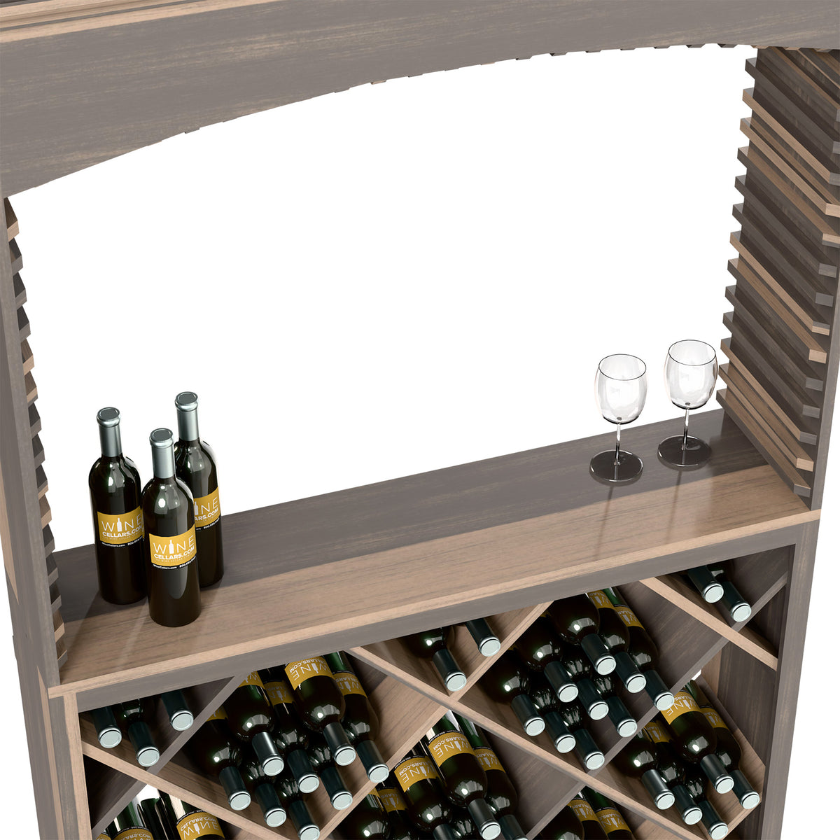 Wine storage bar cabinet, dark wood shelves with wine bottles and stemmed glasses