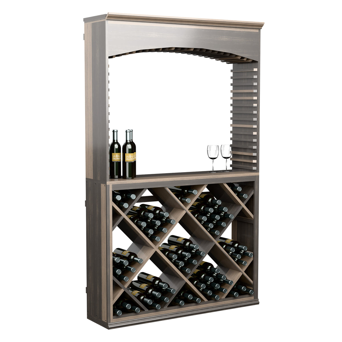 Wine storage bar cabinet with arched top, dark wood build, bottle cradles and glasses