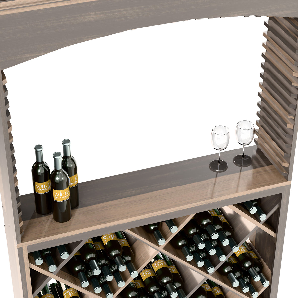 Wine storage bar cabinet close-up with dark wood shelves, wine bottles, and stem glasses