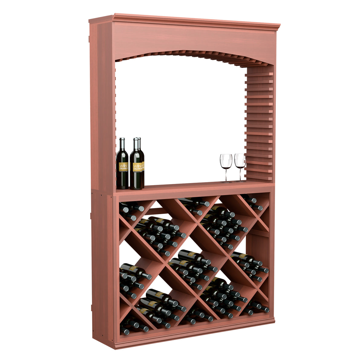 Wine storage bar cabinet with arched top, reddish wood, bottle cradles and stem glasses