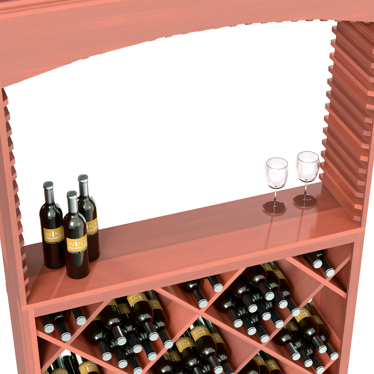 Wine storage bar cabinet close-up with reddish wood shelves, wine bottles, and stem glasses