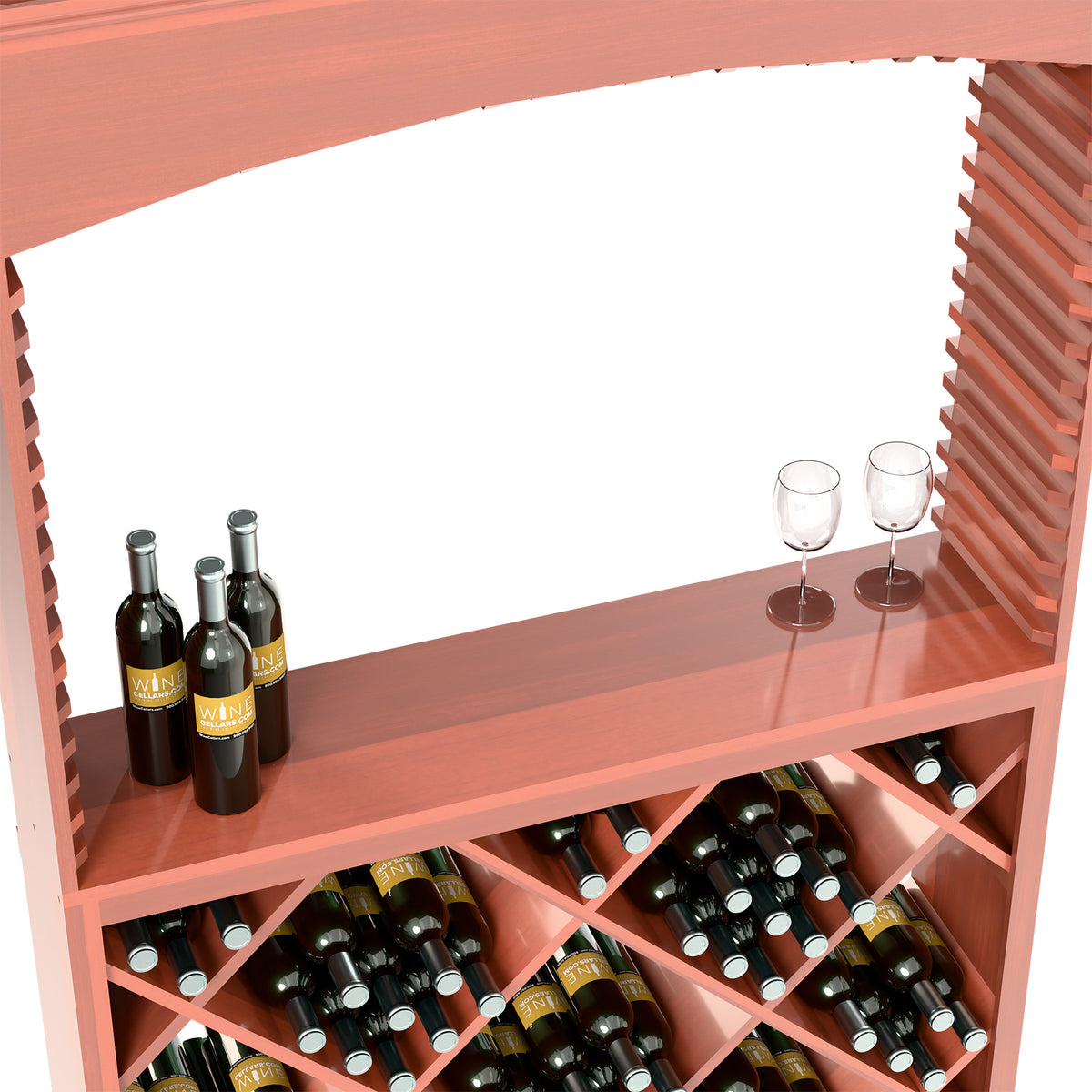 Wine storage bar cabinet close-up with reddish wood shelves, wine bottles, and stem glasses