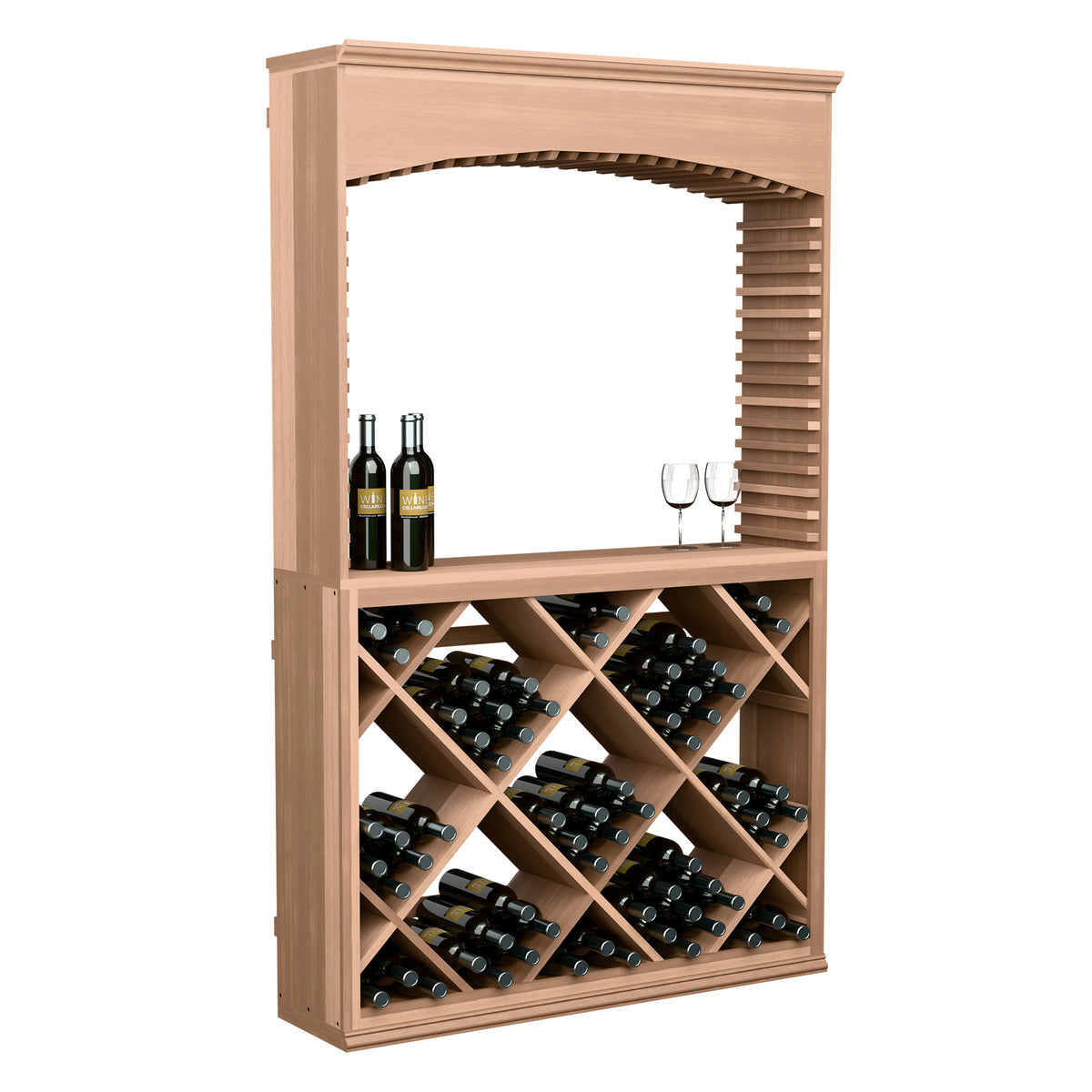 Wine storage bar cabinet with arched top, light wood, crisscross bottle storage and glasses