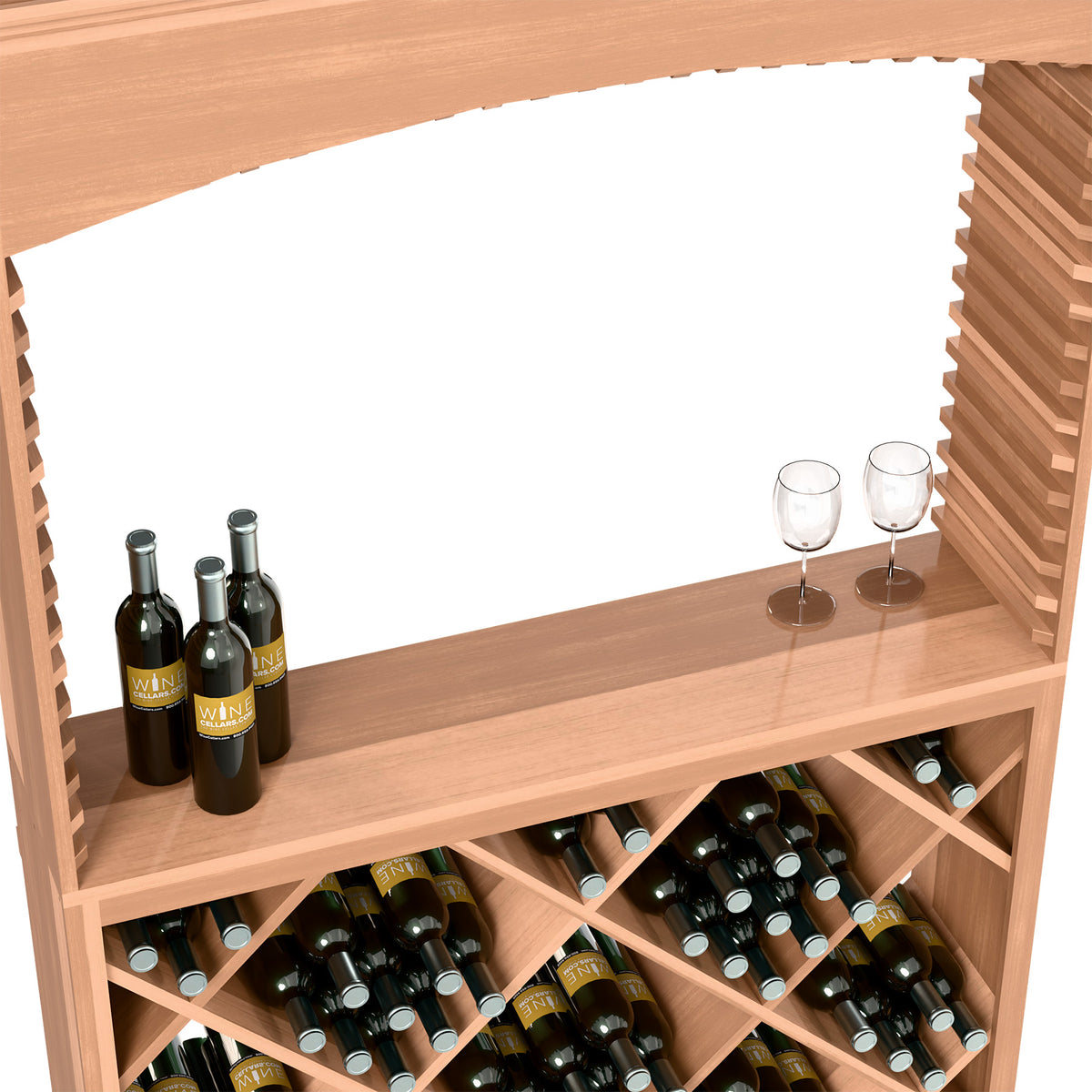 Wine storage bar cabinet close-up with light wood shelves, wine bottles, and stem glasses