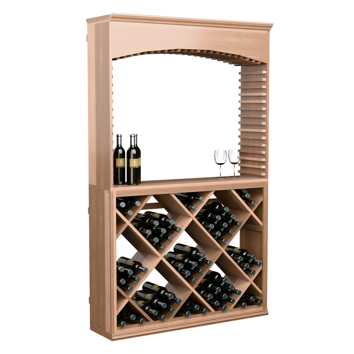 Wood wine tasting station with arched top, bottle storage racks, and serving shelf