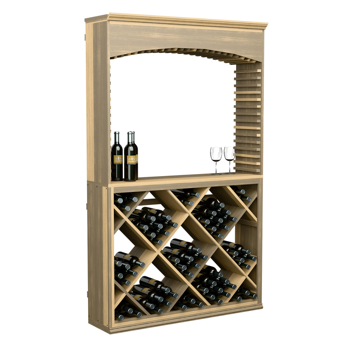 Wood wine tasting station with archway opening and diagonal bottle storage racks