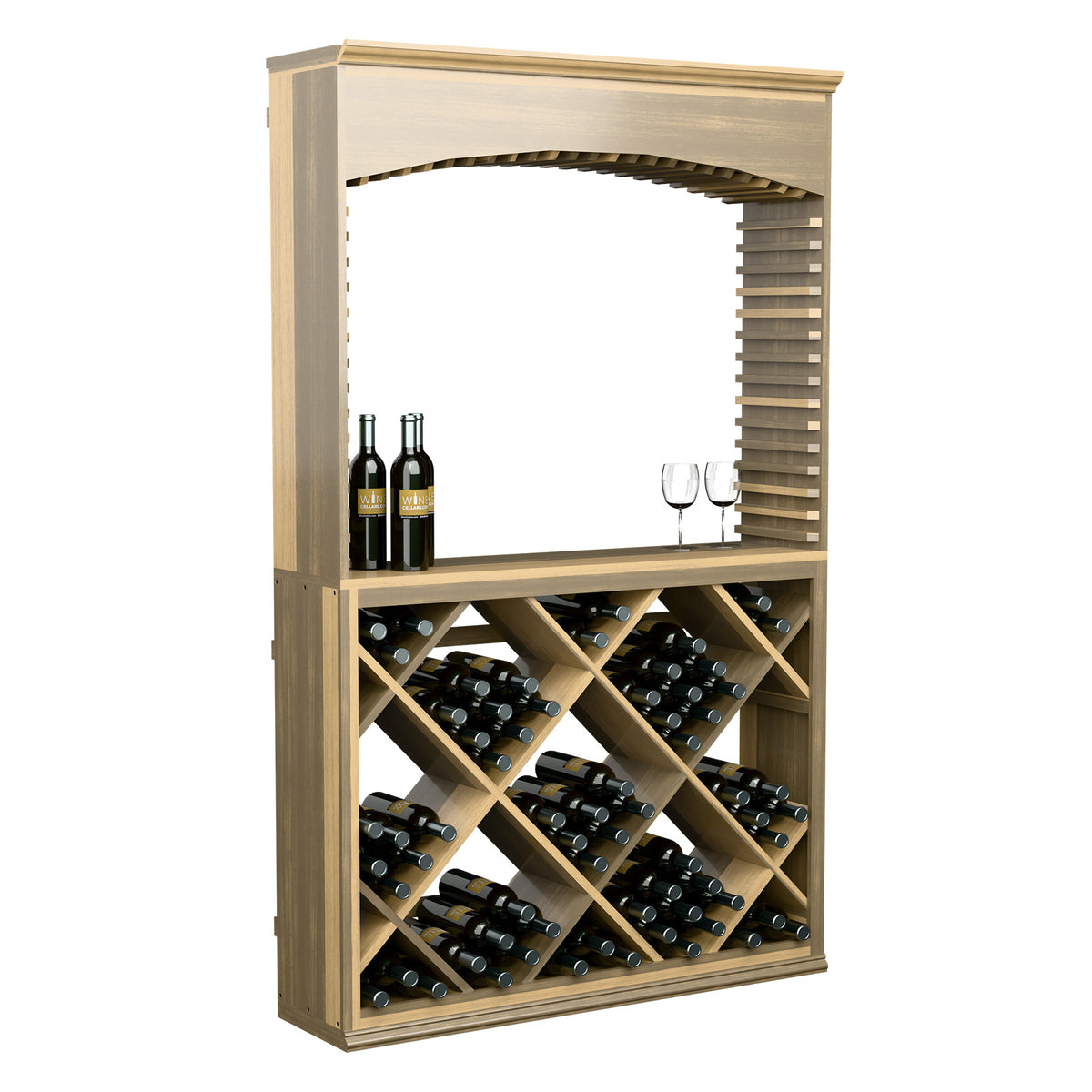 Wood wine tasting station cabinet with arched frame, bottle racks, and front storage