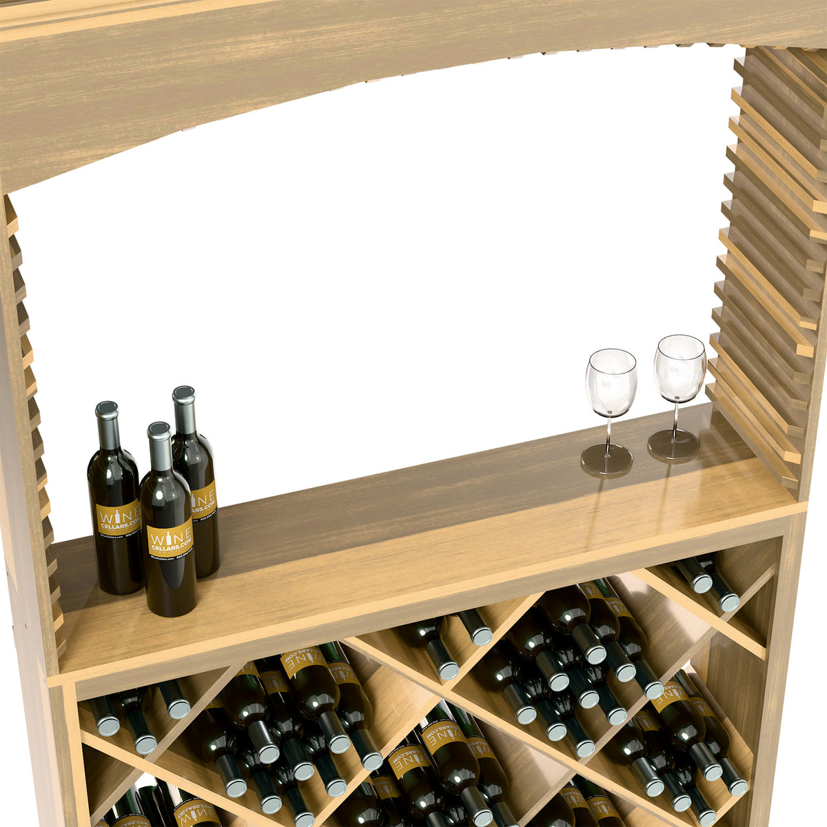 Wood wine tasting station interior showing bottle slots and two stemmed glasses