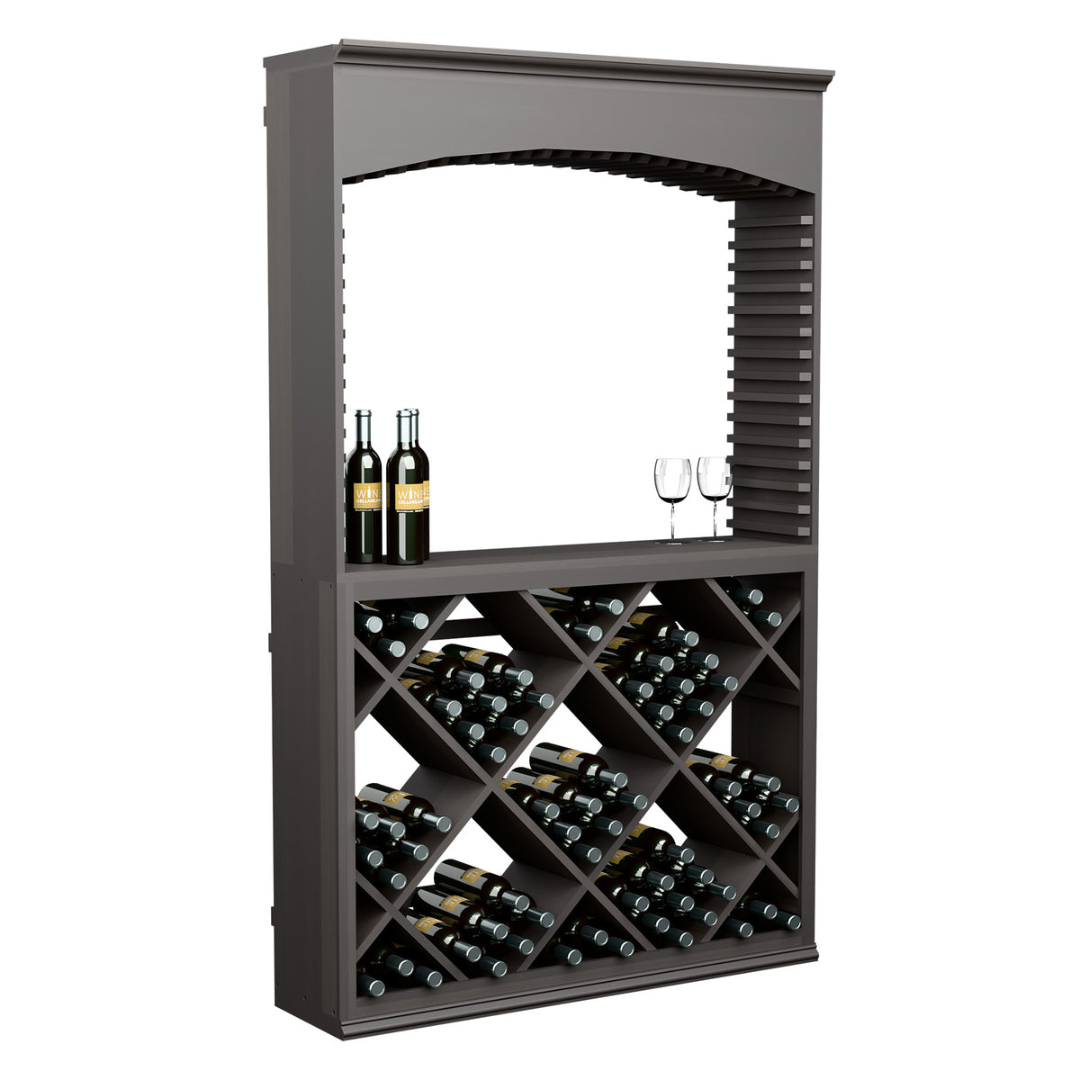 Dark wood wine tasting station with arched top, bottle storage racks, and shelf