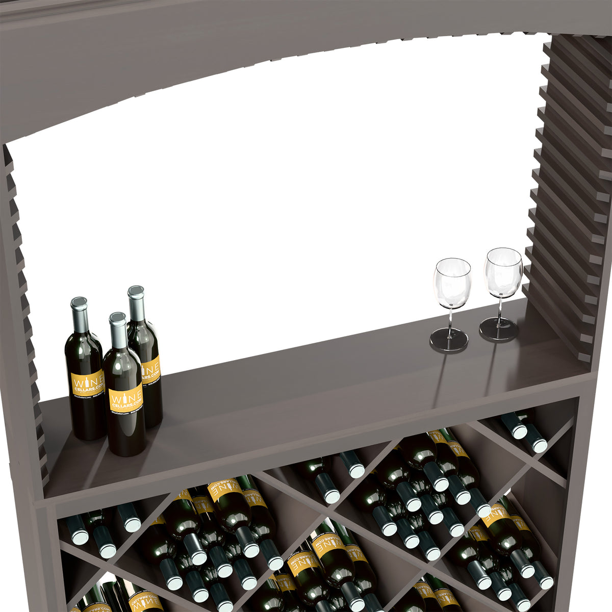 Dark wood wine tasting station interior with bottle slots, stemware, and serving counter