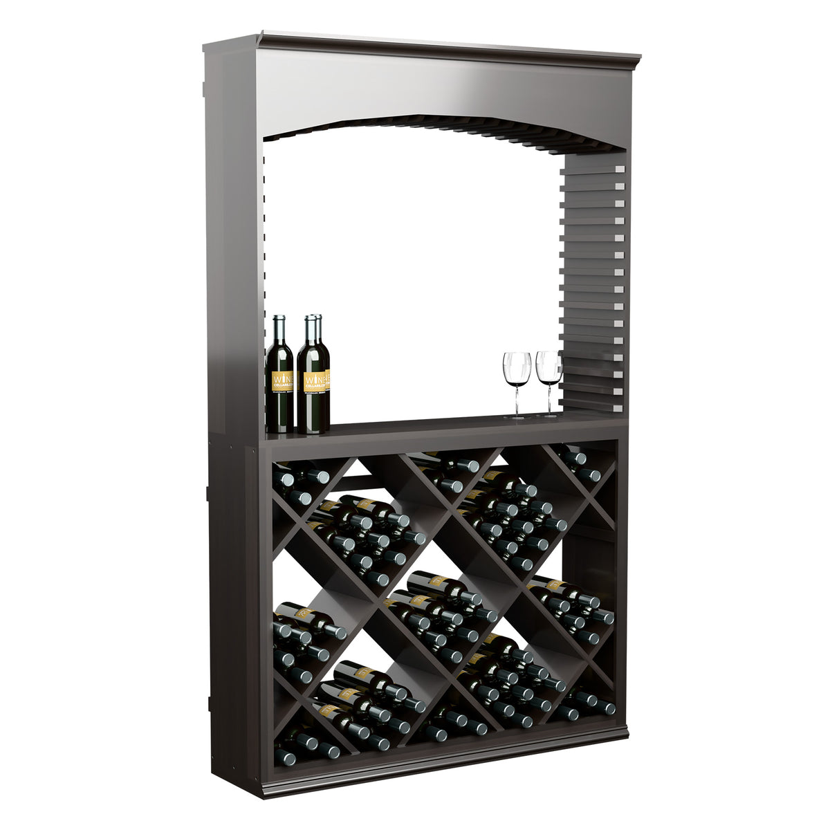 Dark wood wine tasting station with archway opening and diagonal bottle storage racks