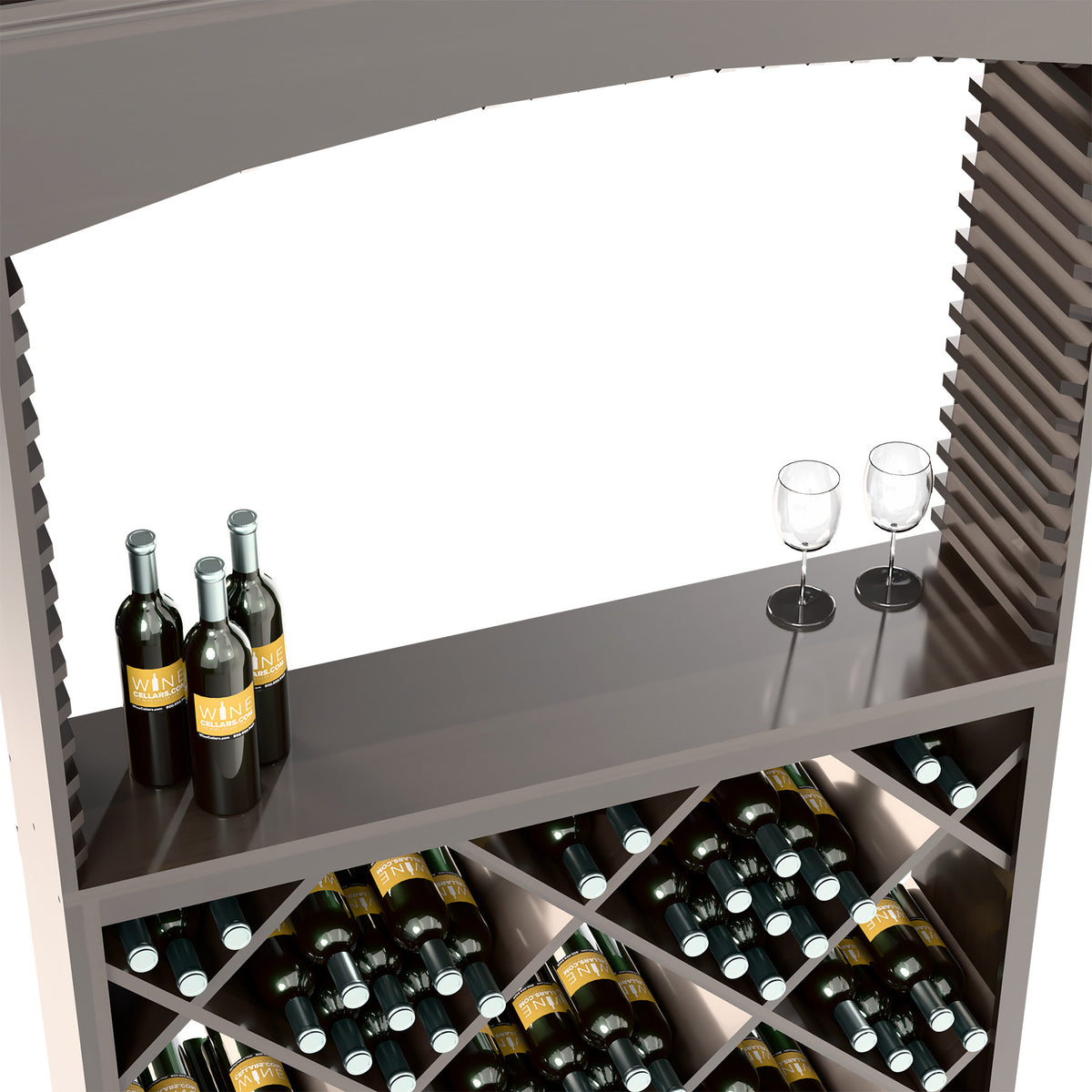 Dark wood wine tasting station serving area with glasses and bottle storage below