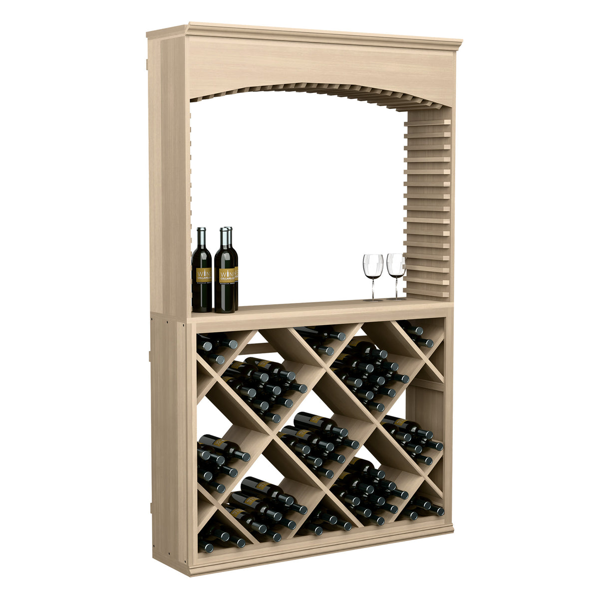 Wood wine tasting station with arched top, bottle storage grid, and glass holder