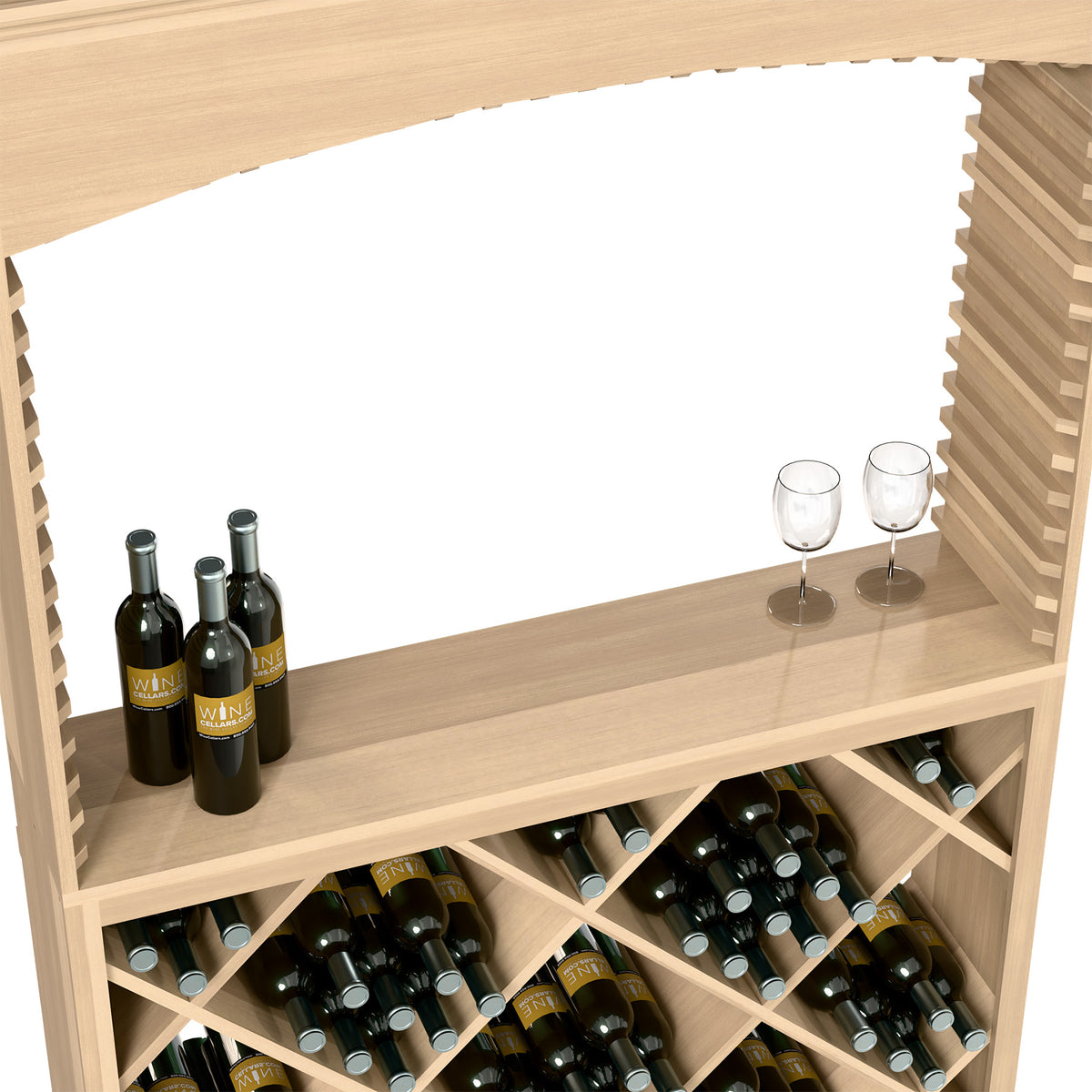 Wood tasting station with front bottle cubbies and shelf with bottles and two stemmed glasses
