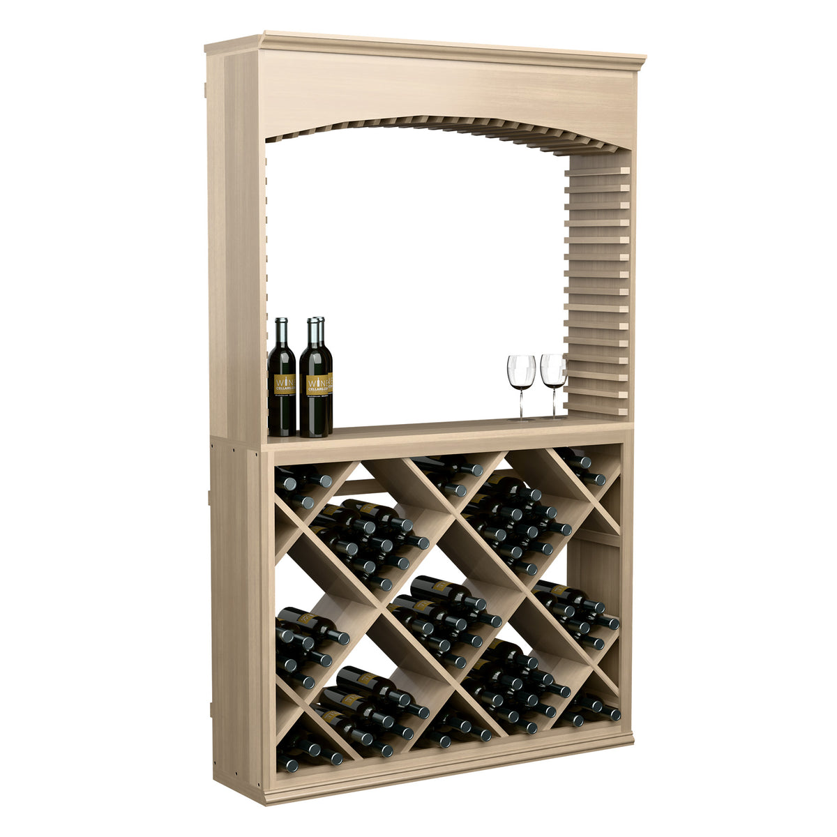 Wood wine rack cabinet with arched opening, slatted side, and diagonal bottle storage