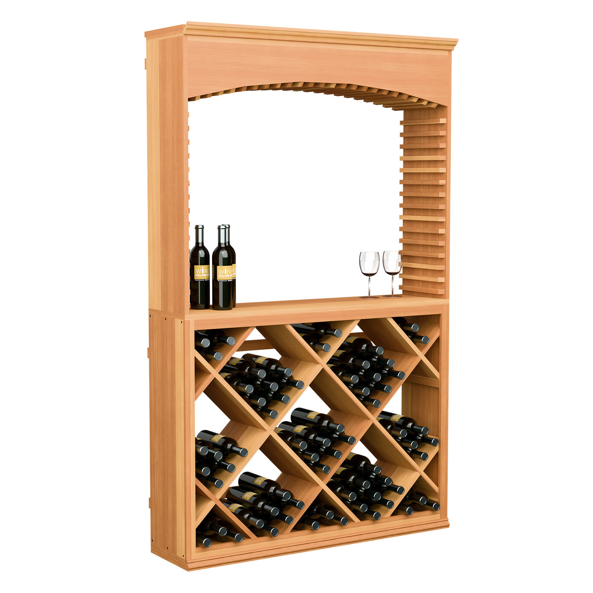 Wood wine tasting station with arched entrance, bottle cubbies, and diagonal cross bracing