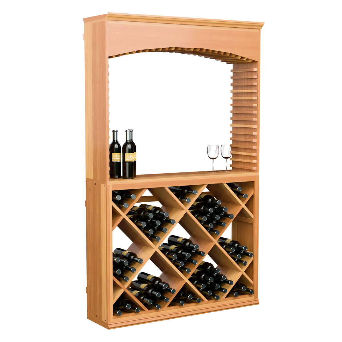 Wood wine tasting cabinet with arched top, slatted side panel, and front bottle rack