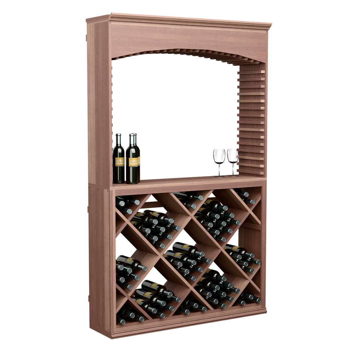 Wood wine tasting station with arched frame, slatted rack, and diagonal bottle display