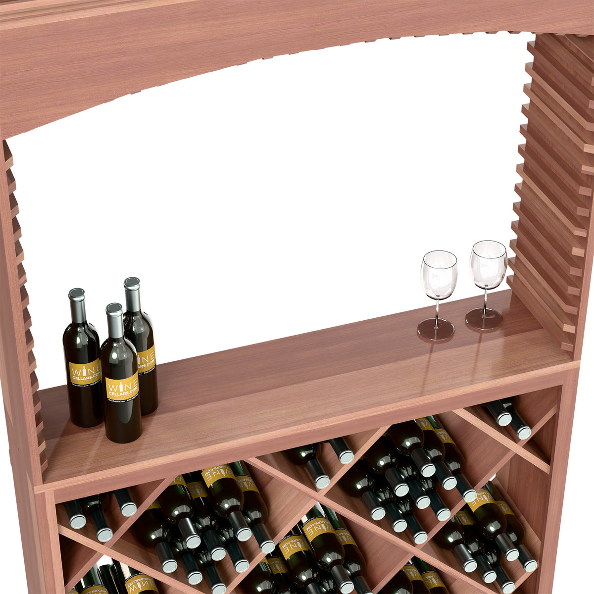 Wood wine tasting shelf with two glasses and bottles, plus front cubby bottle storage