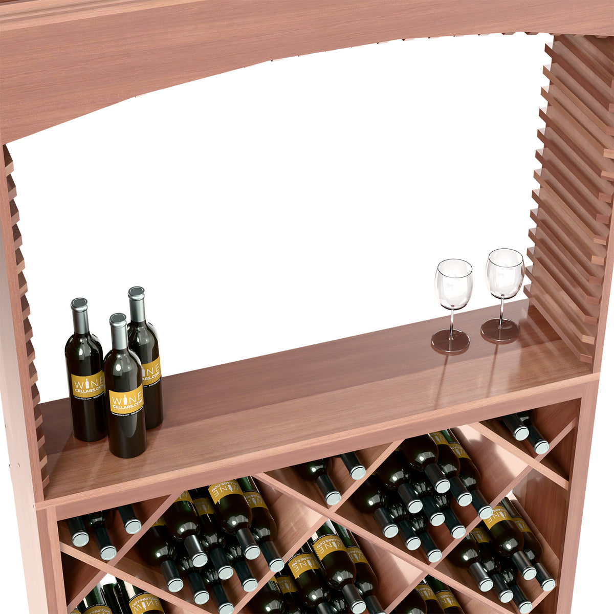 Wine tasting station with archway, dark wood, shelf with bottles and stemmed glasses