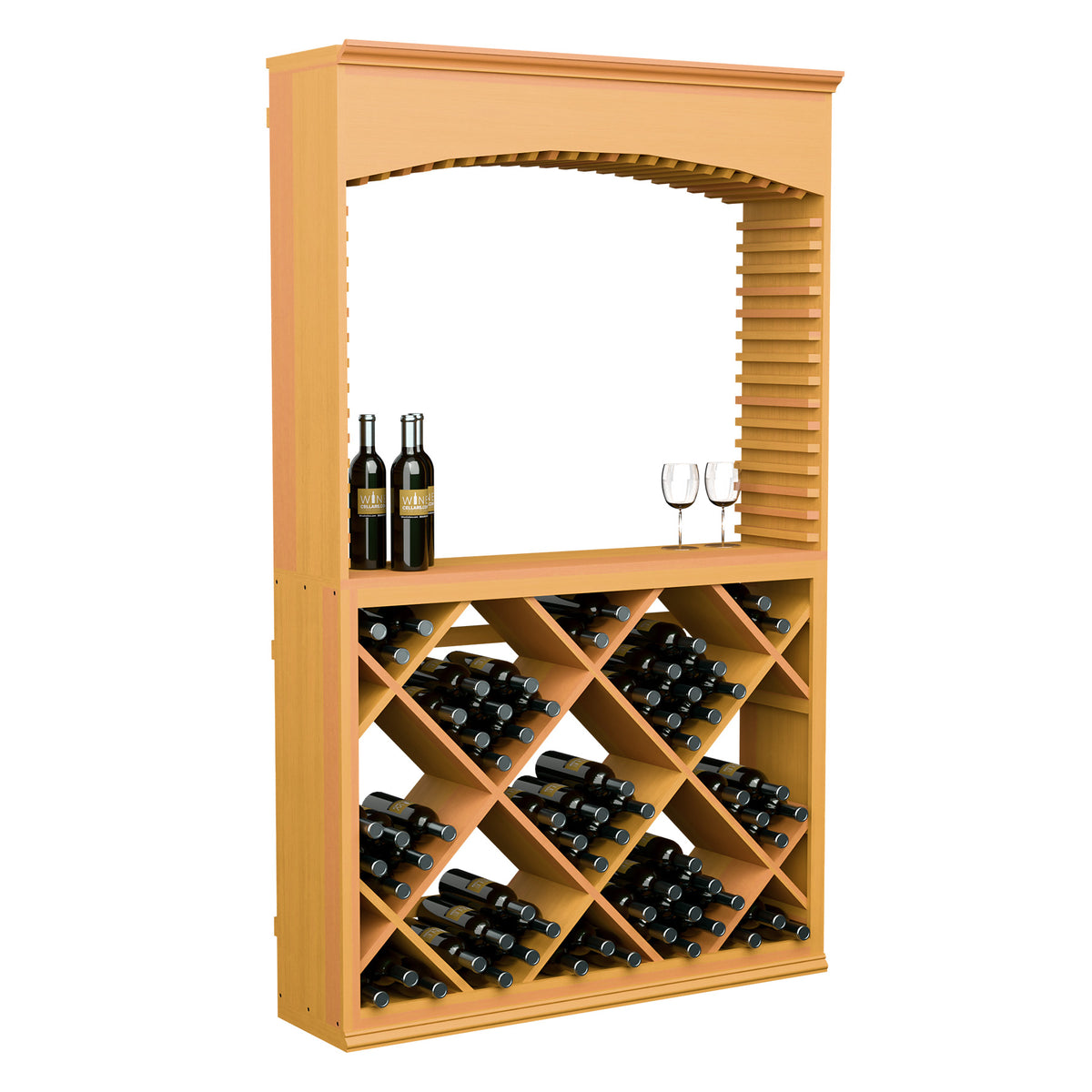 Wine tasting station with archway, light wood, bottle storage bins and top shelf glasses