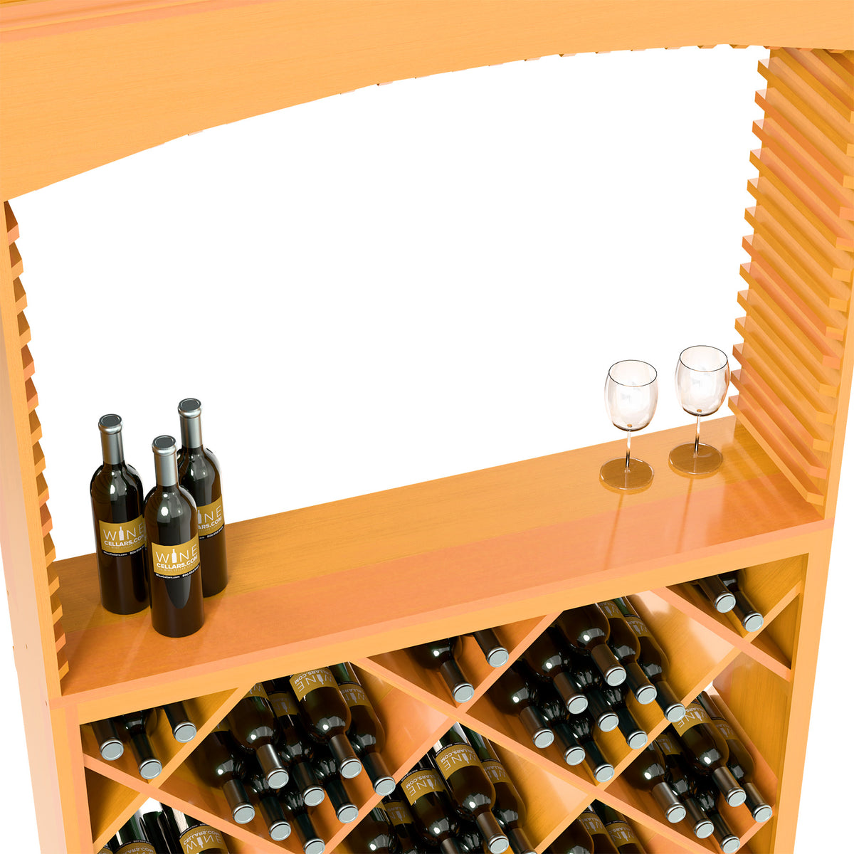 Wine tasting station with archway, pale wood, top shelf with bottles and stemmed glasses