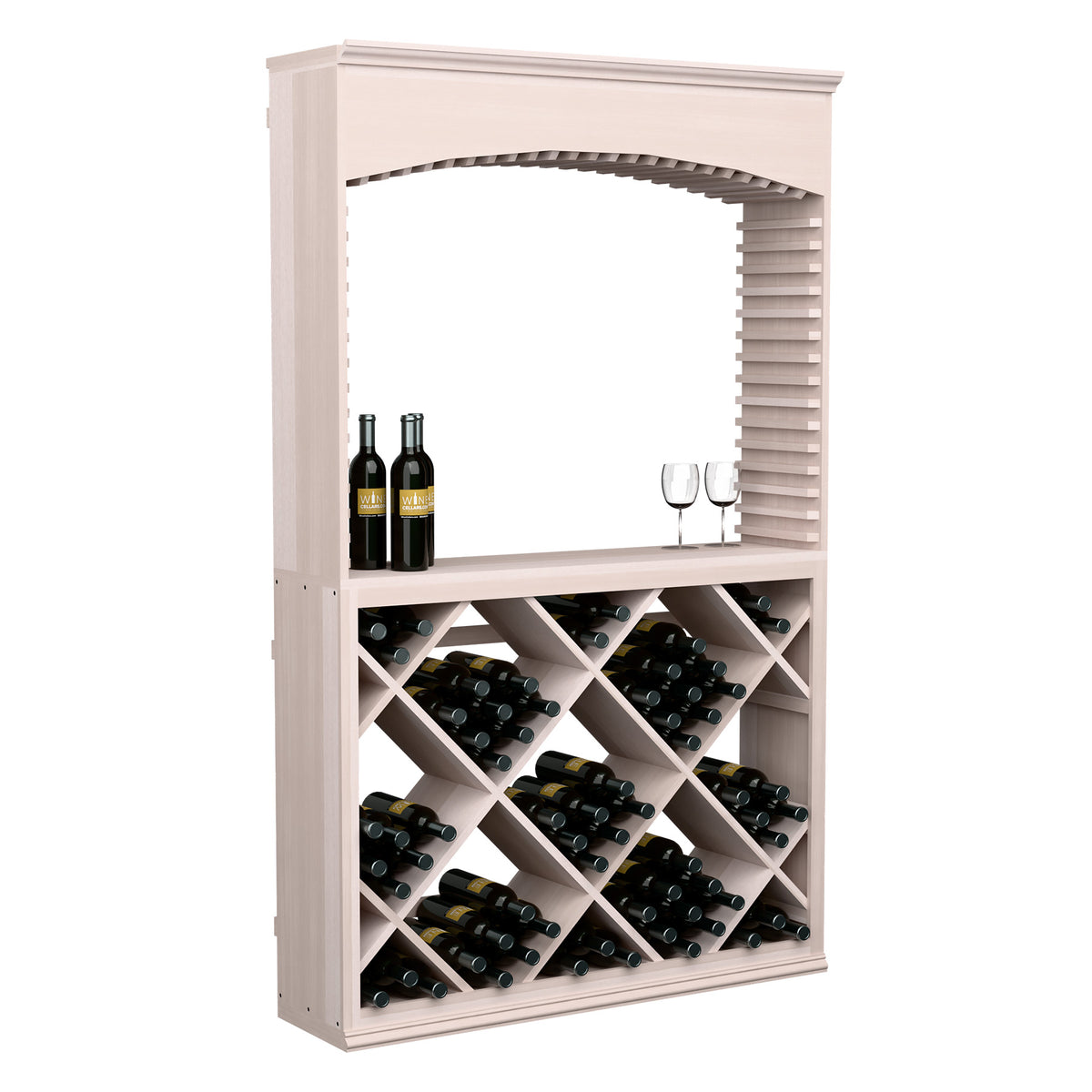Wine tasting station with archway, white wood, bottle storage bins and top shelf bottles