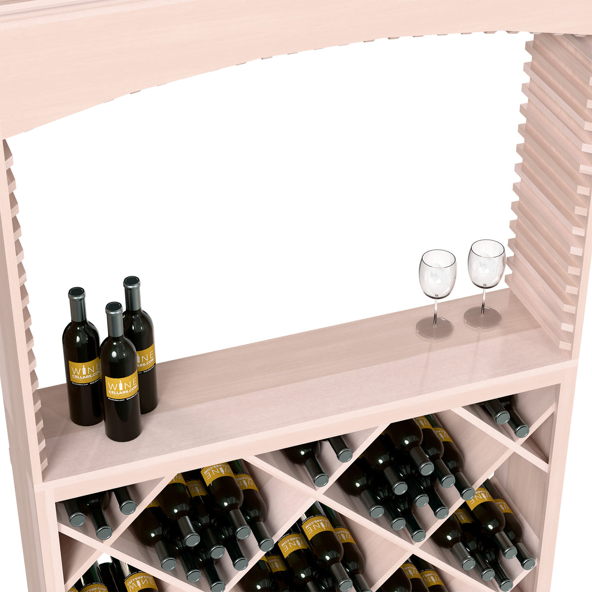 Wine tasting station with archway, white wood, top shelf bottles and two stemmed glasses