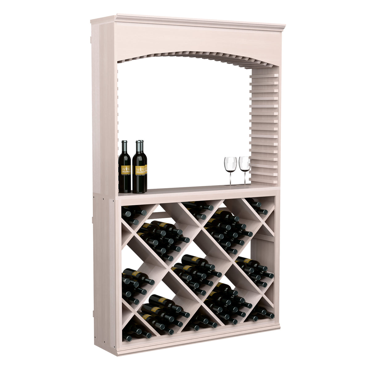 Wine tasting station with archway, white wood, wine bins with bottles and shelf bottles