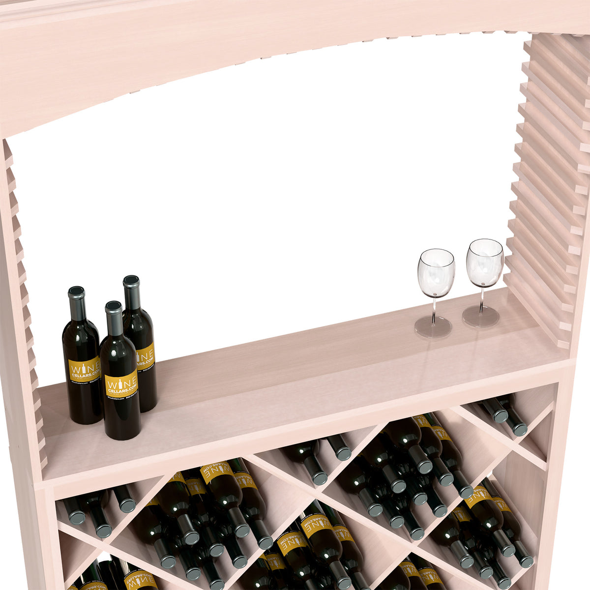 Wine tasting station with archway, white wood, shelf with bottles and stemmed glasses