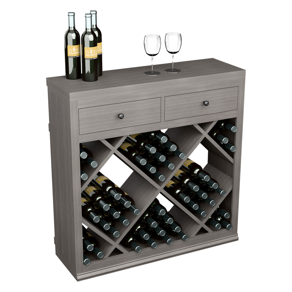 Half-height diamond wine cabinet with drawers, gray wood, bottle racks and top bottles