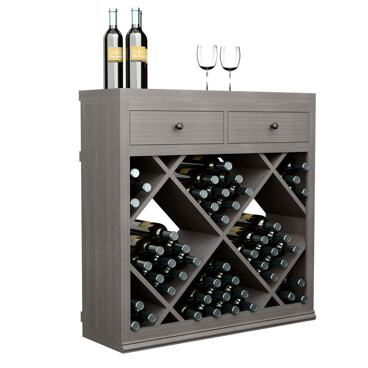Half-height diamond wine cabinet with drawers, gray wood, front bottle rack with drawers