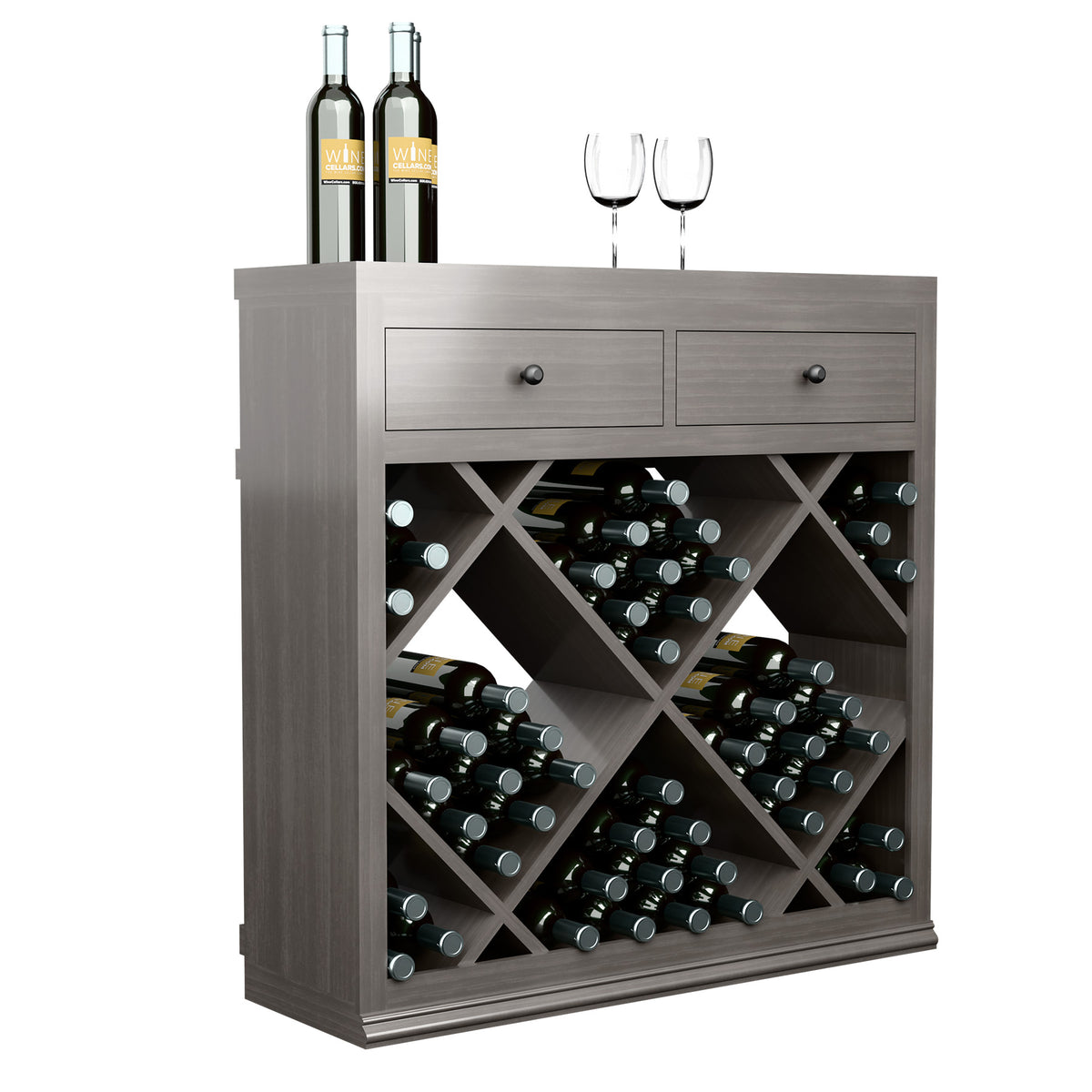 Half-height diamond wine cabinet with drawers, gray wood, front view of drawer and rack