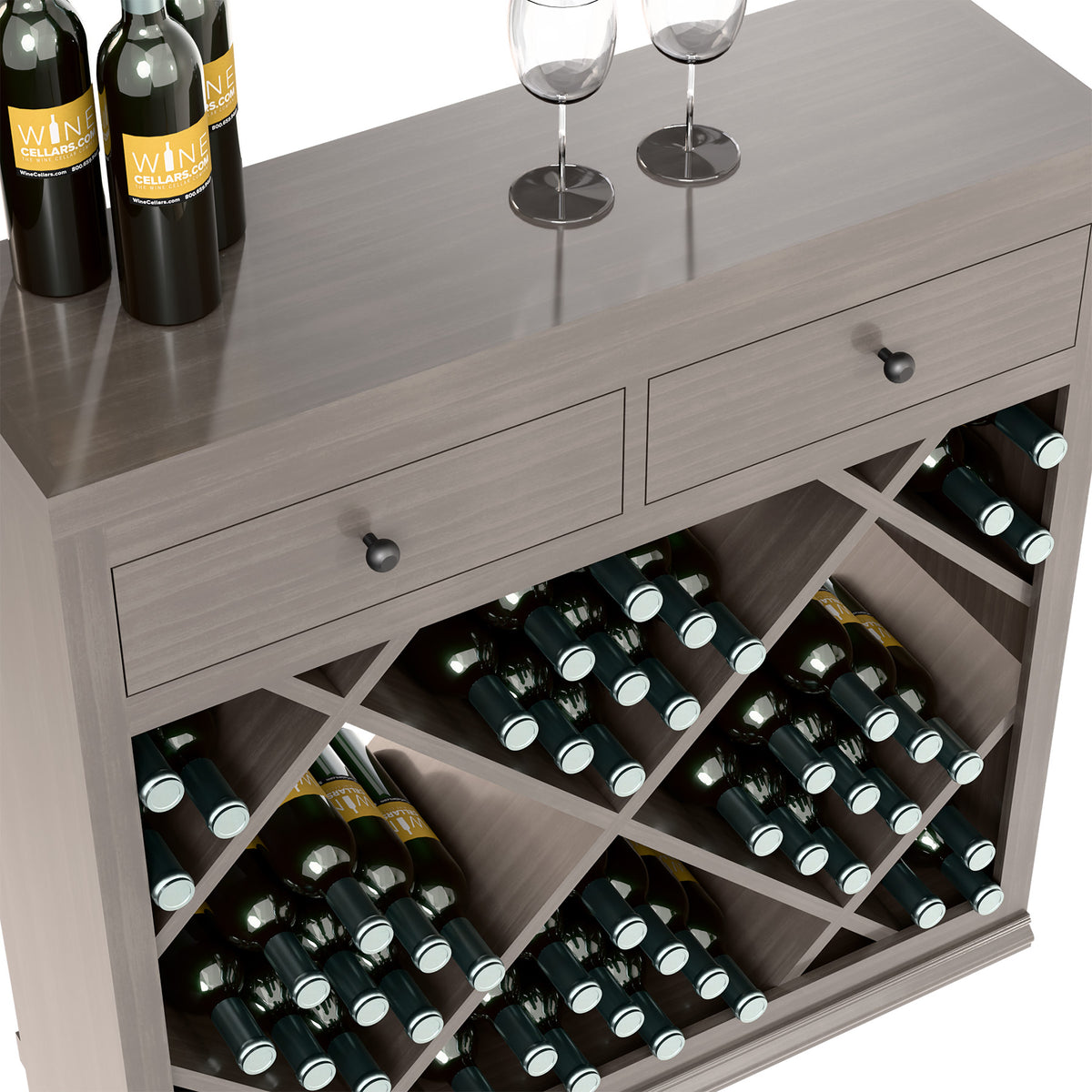 Half-height diamond wine cabinet with drawers, gray wood, close-up of drawers and bottles