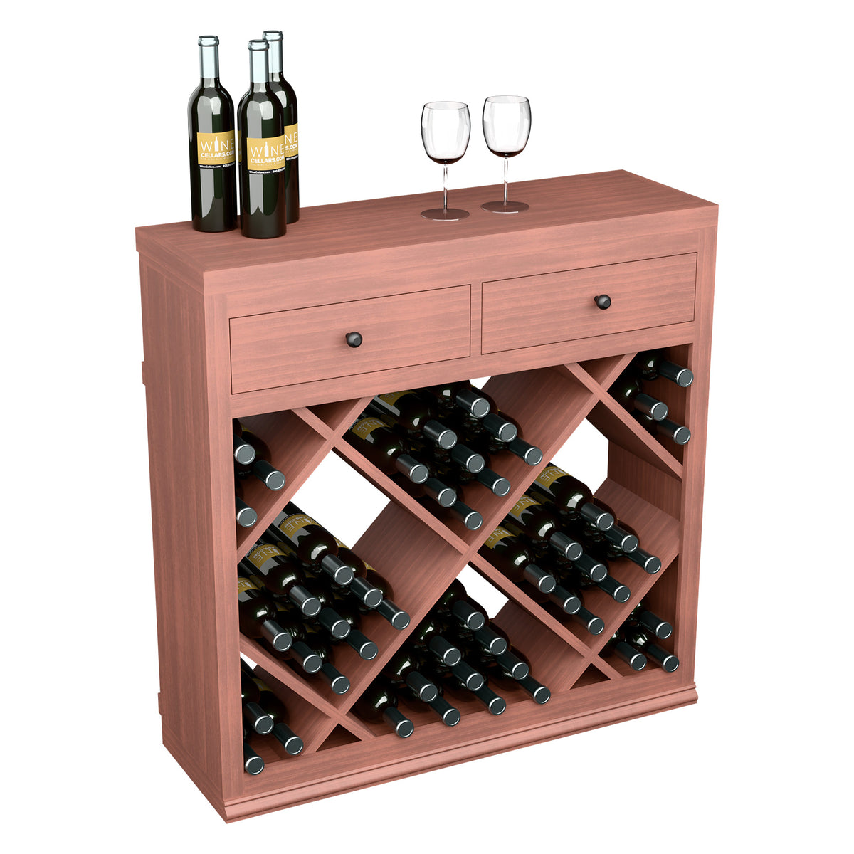 Half-height diamond wine cabinet with drawers, red wood, front view with top bottles