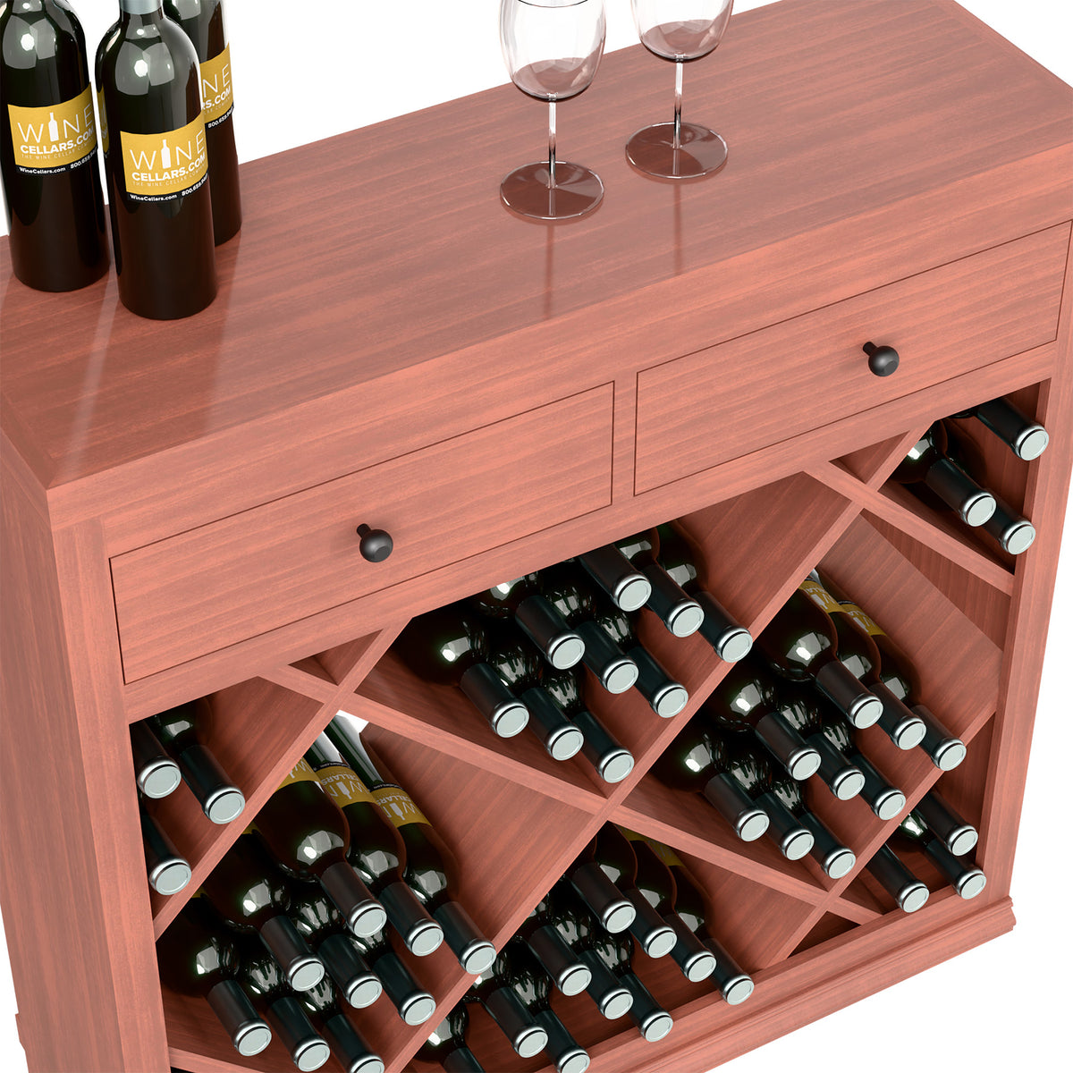Half-height diamond wine cabinet with drawers, red wood, close-up of bottles and drawers