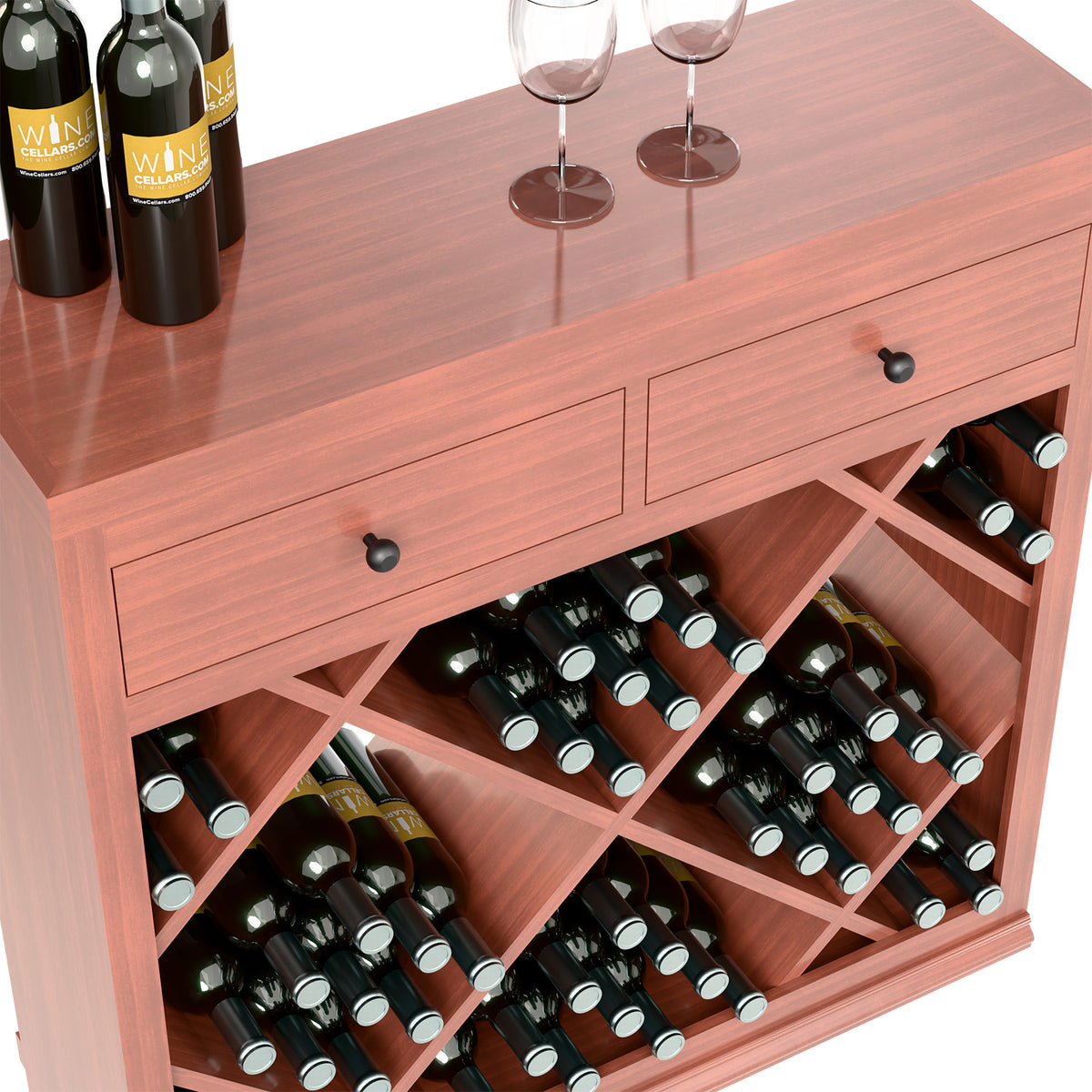 Wood wine rack cabinet with top drawers and diamond lattice bottle storage