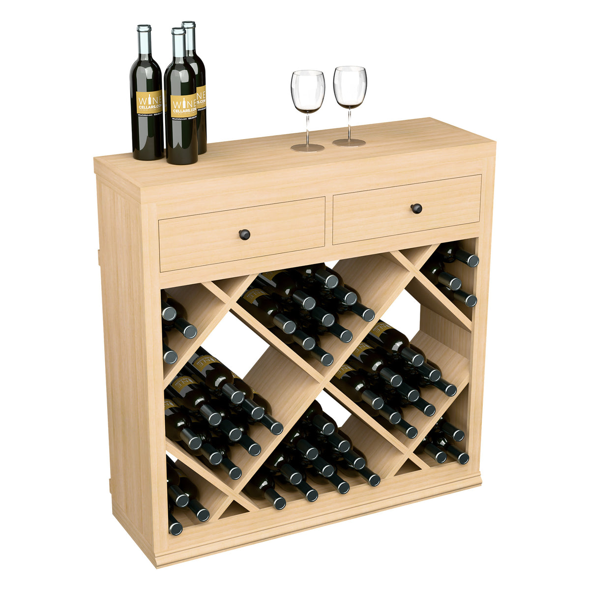 Light wood half-height wine rack cabinet with two drawers and diamond bottle slots