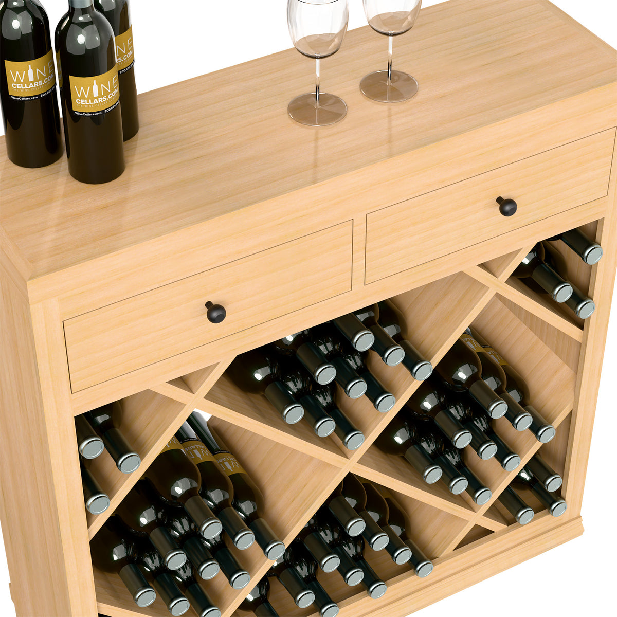 Wood wine rack cabinet close-up of drawer fronts and diamond bottle compartments