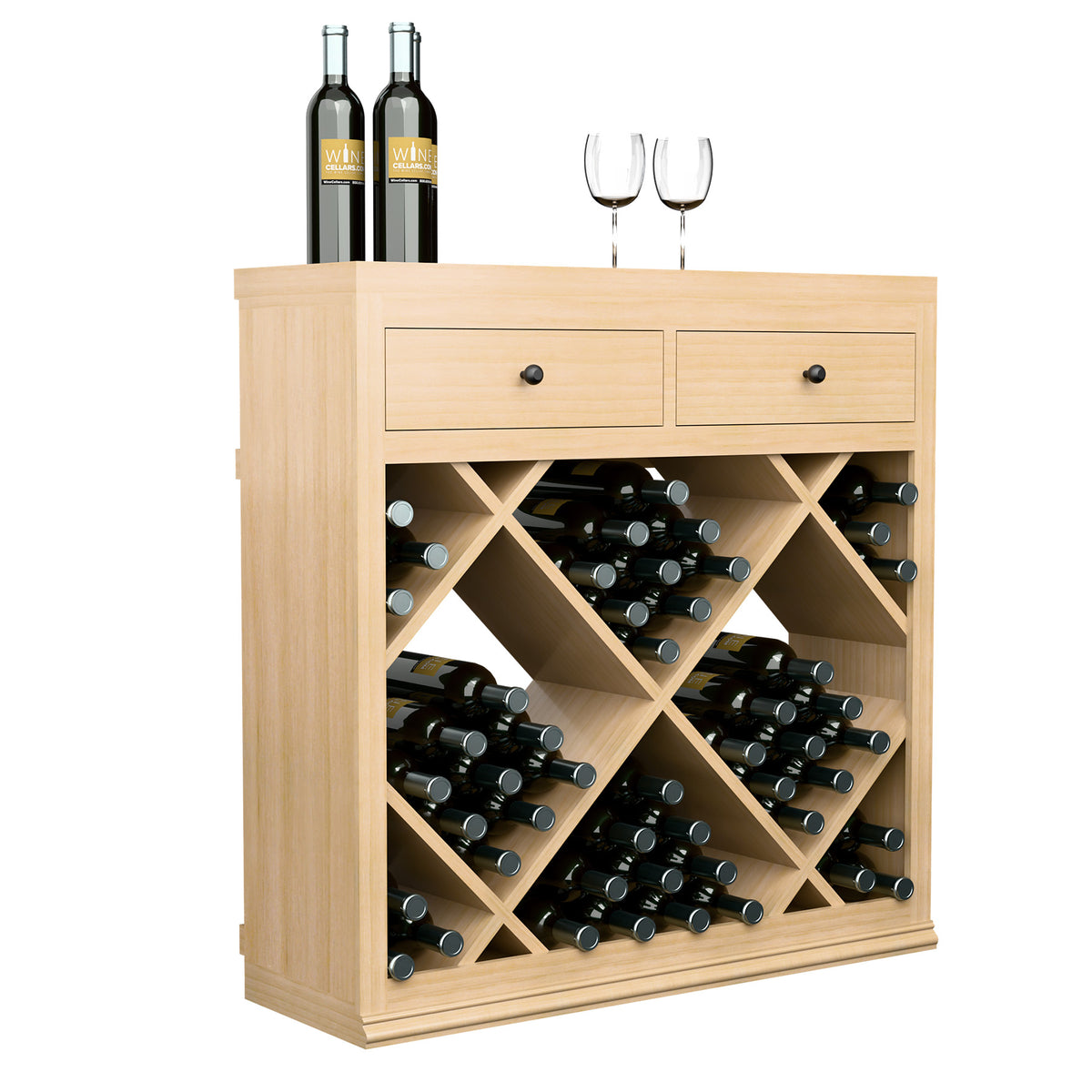 Half-height diamond wine rack cabinet with two drawers and open bottle storage