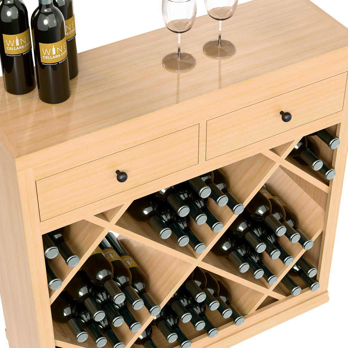 Close-up of light wood wine rack cabinet drawers and diamond-pattern bottle grid