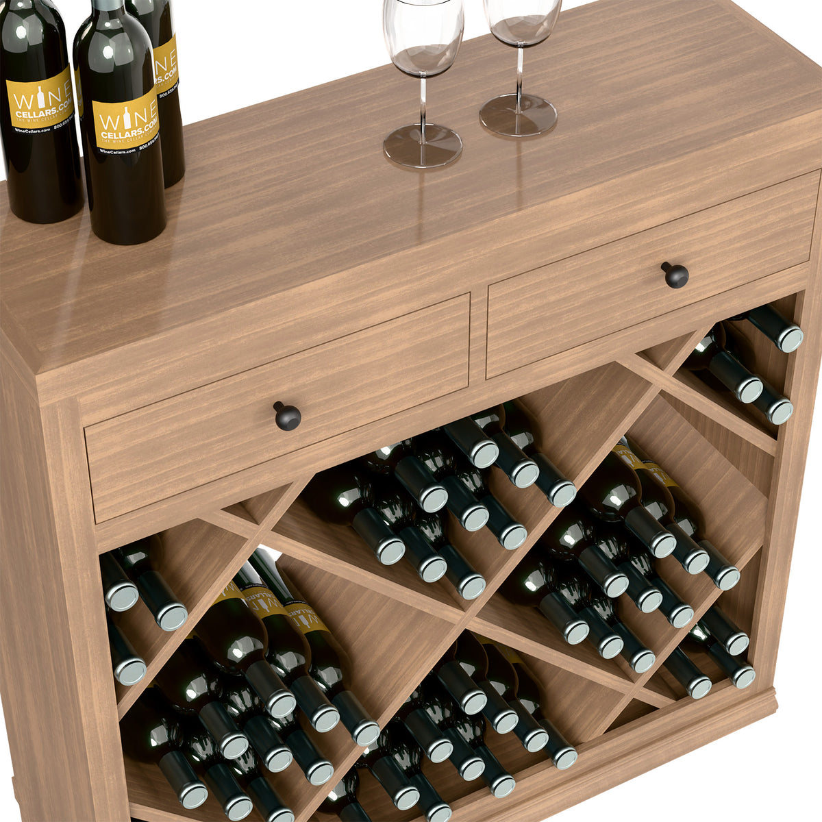 Wood wine cabinet with diamond-grid bottle storage and two pull drawers, half height.