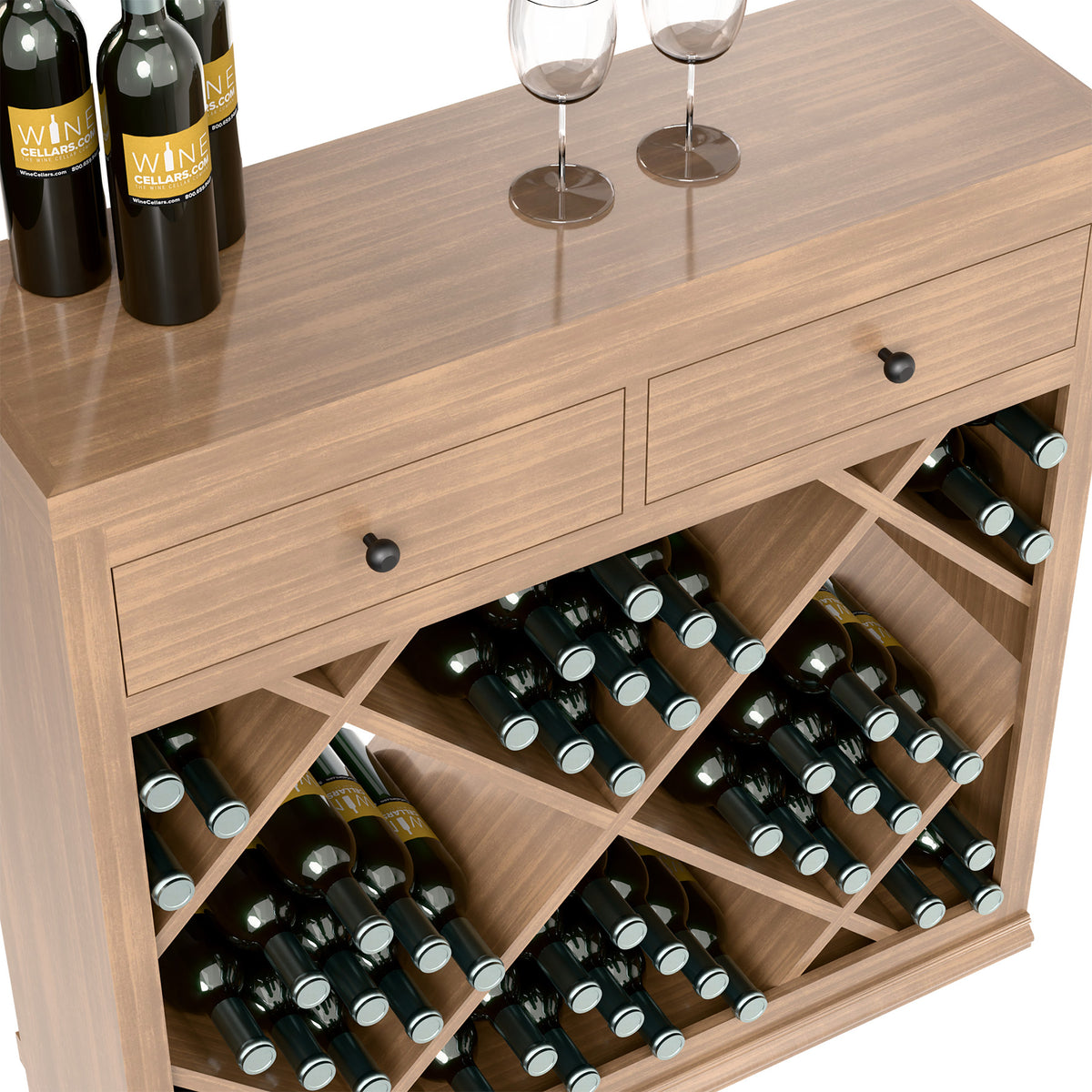 Wood wine cabinet top drawer and diamond wine rack with bottles, close-up angle.
