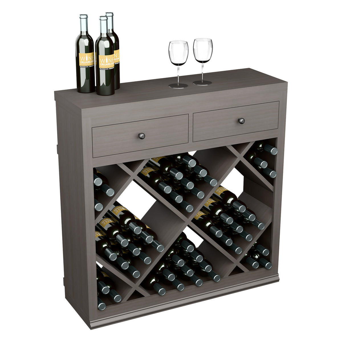 Half-height wine cabinet with two drawers and crisscross diamond bottle storage, gray tone.