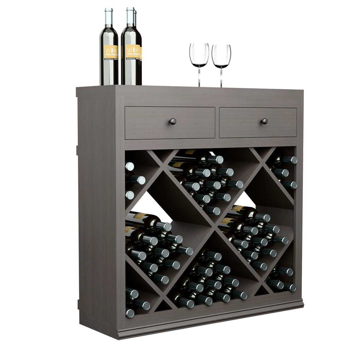 Wood wine cabinet with two drawers and open diamond wine rack, three-quarter view.