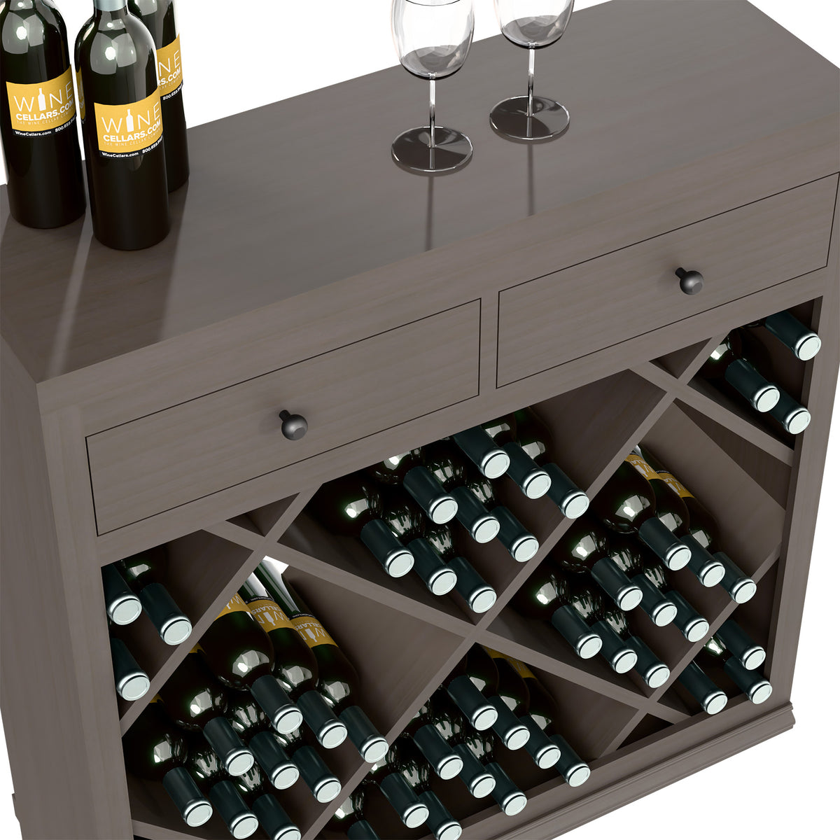 Close-up of wine cabinet drawers and diamond-pattern bottle rack with bottles.