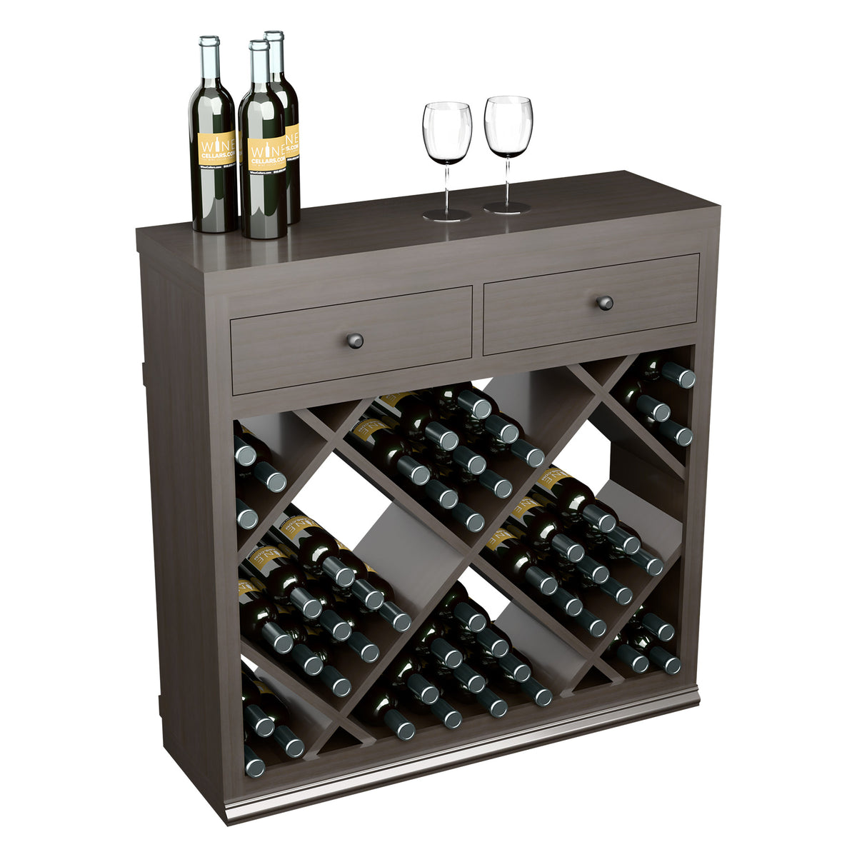 Half-height wine cabinet with two pull drawers and diamond-grid bottle rack, full front view.