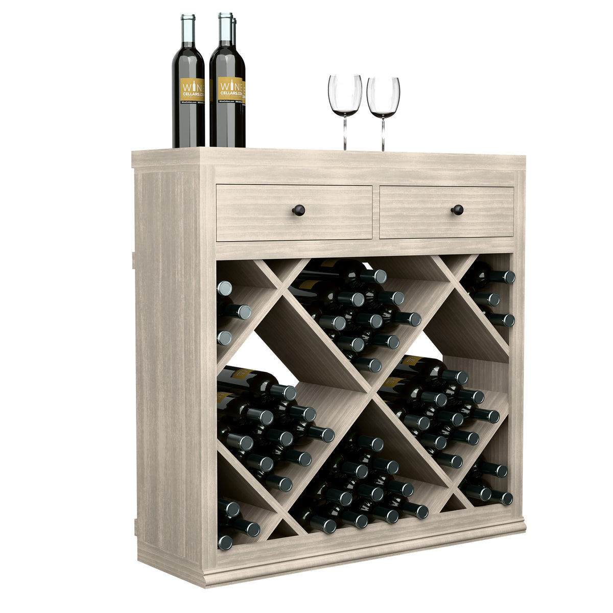 Half-height wine storage cabinet with drawers and diagonal diamond bottle slots, light gray wood.